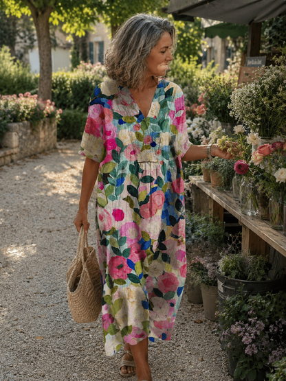 Margaret - Vibrant Floral Garden Print Flowy Summer Dress