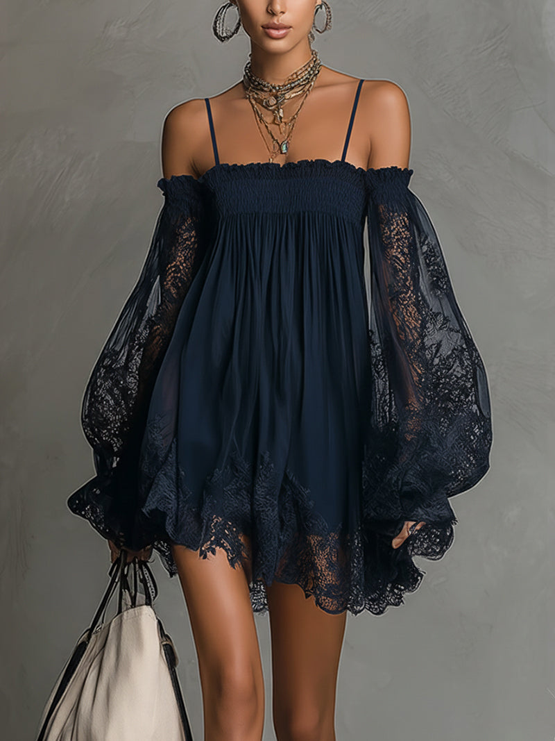 Robe Mini Marine — Dentelle Chiffon Épaules Nues