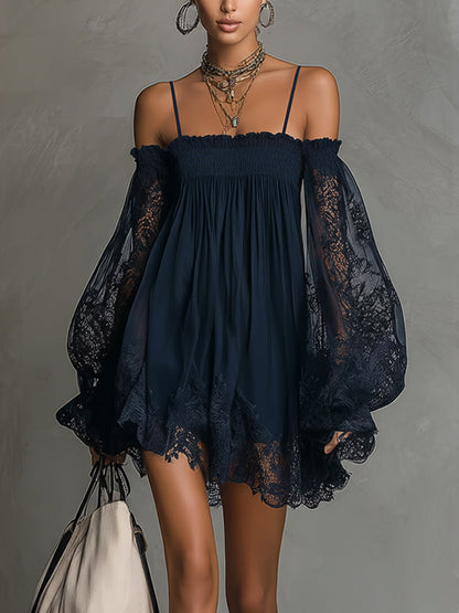 Robe Mini Marine — Dentelle Chiffon Épaules Nues