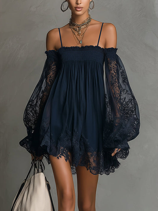 Robe Mini Marine — Dentelle Chiffon Épaules Nues