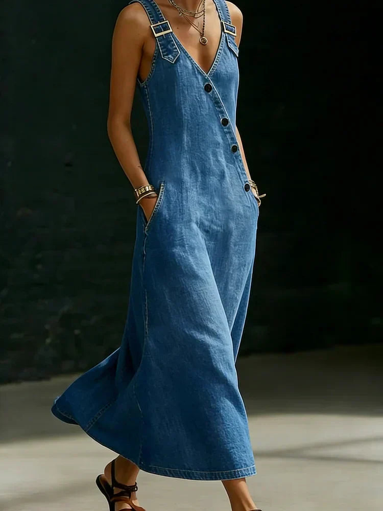Vera | Longue robe en denim avec boutons