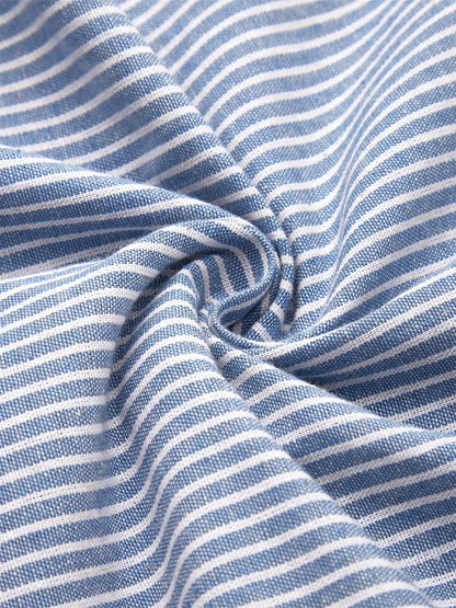 Robe Midi Bleue — Rayures Blanches Boutons Bois Col Rond