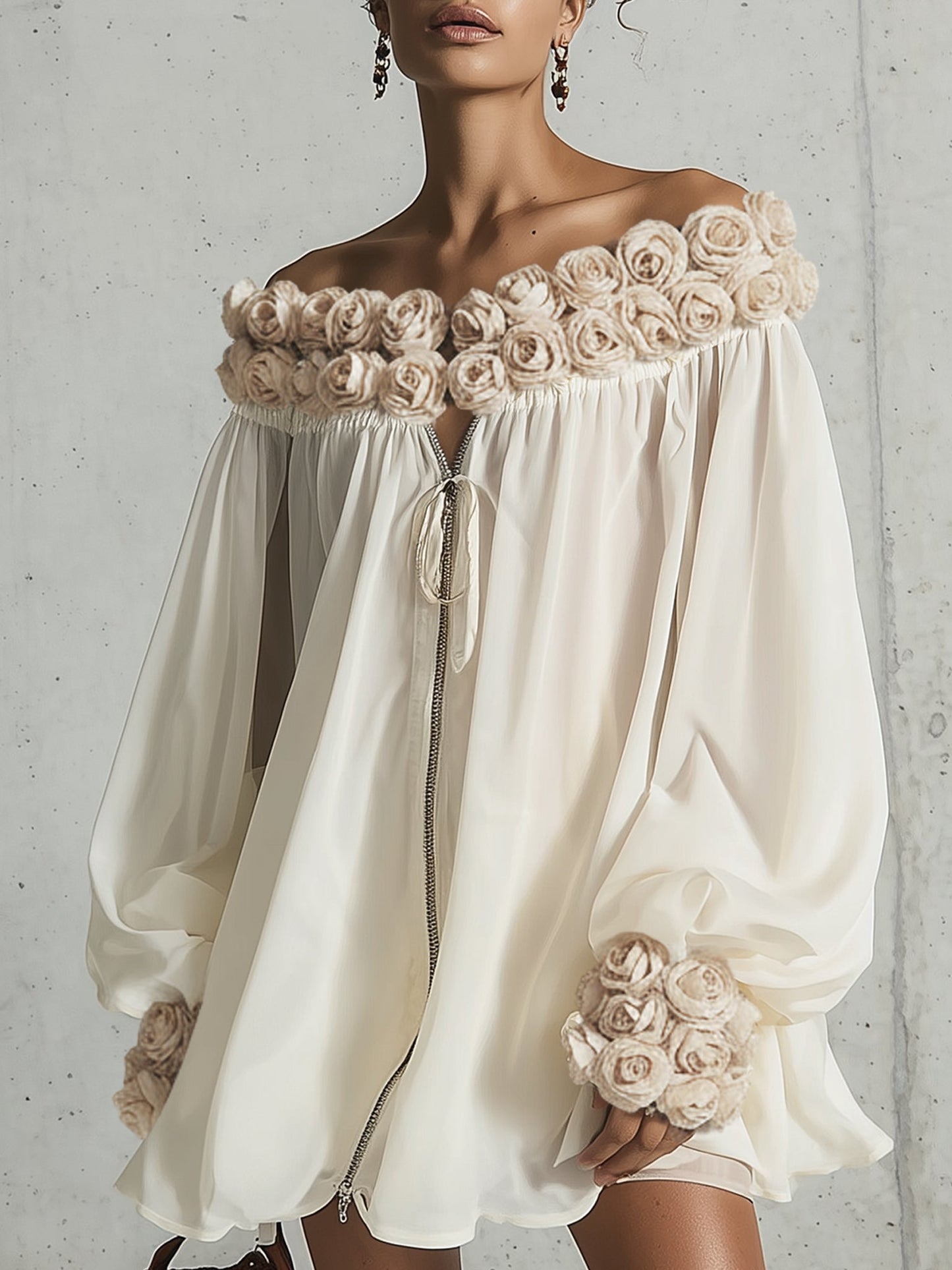 Robe Mini Crème — Chiffon 3D Fleurs Zip