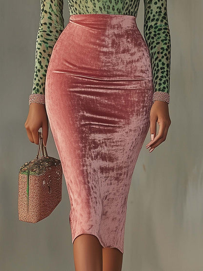 Robe Midi Rose — Velours Bodycon Patchwork Léopard