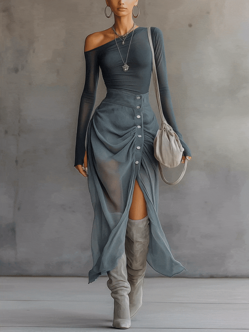 Robe Maxi Bleue — Épaules Nues Chiffon Fente