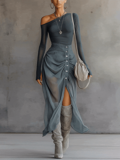 Robe Maxi Bleue — Épaules Nues Chiffon Fente
