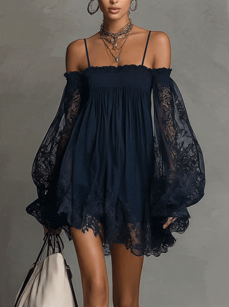 Robe Mini Marine — Dentelle Chiffon Épaules Nues
