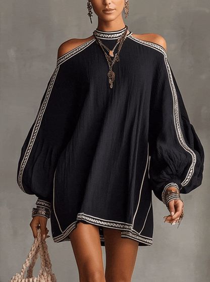 Robe Mini Noire — Lin Boho Épaules Froides Manches Lanterne