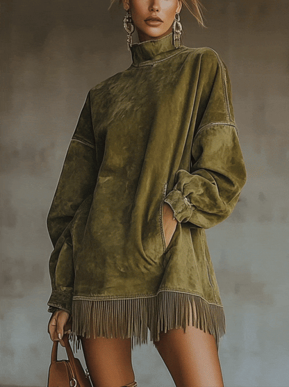 Robe Mini Olive — Daim Col Roulé Franges