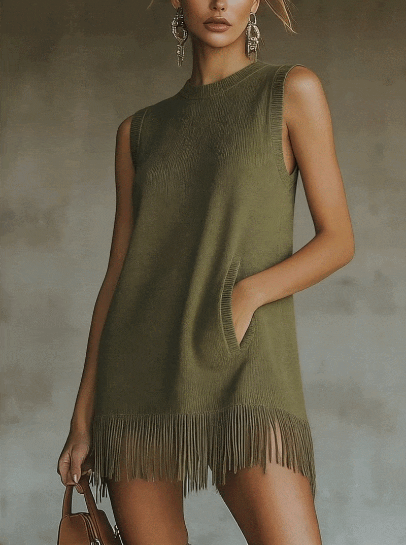 Robe Mini Vert Olive — Tricot Sans Manches Franges
