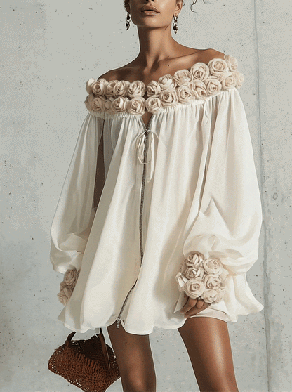 Robe Mini Crème — Chiffon 3D Fleurs Zip
