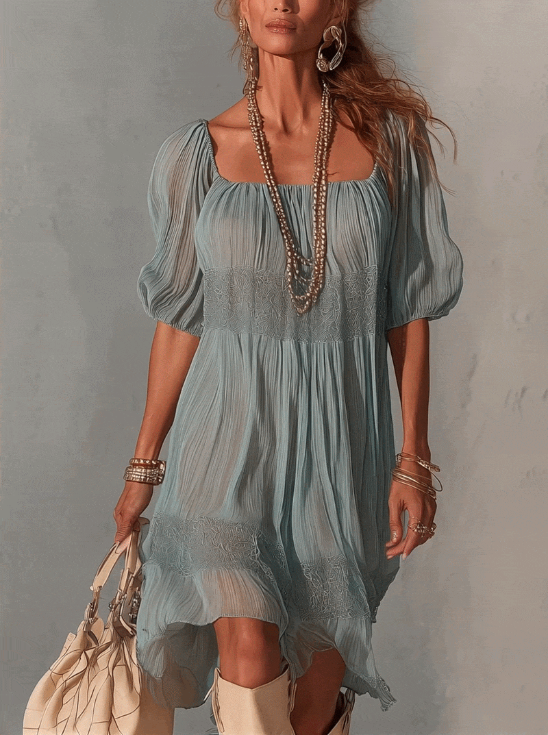 Robe Midi Bleue — Chiffon Plissé Col Dentelle Zip