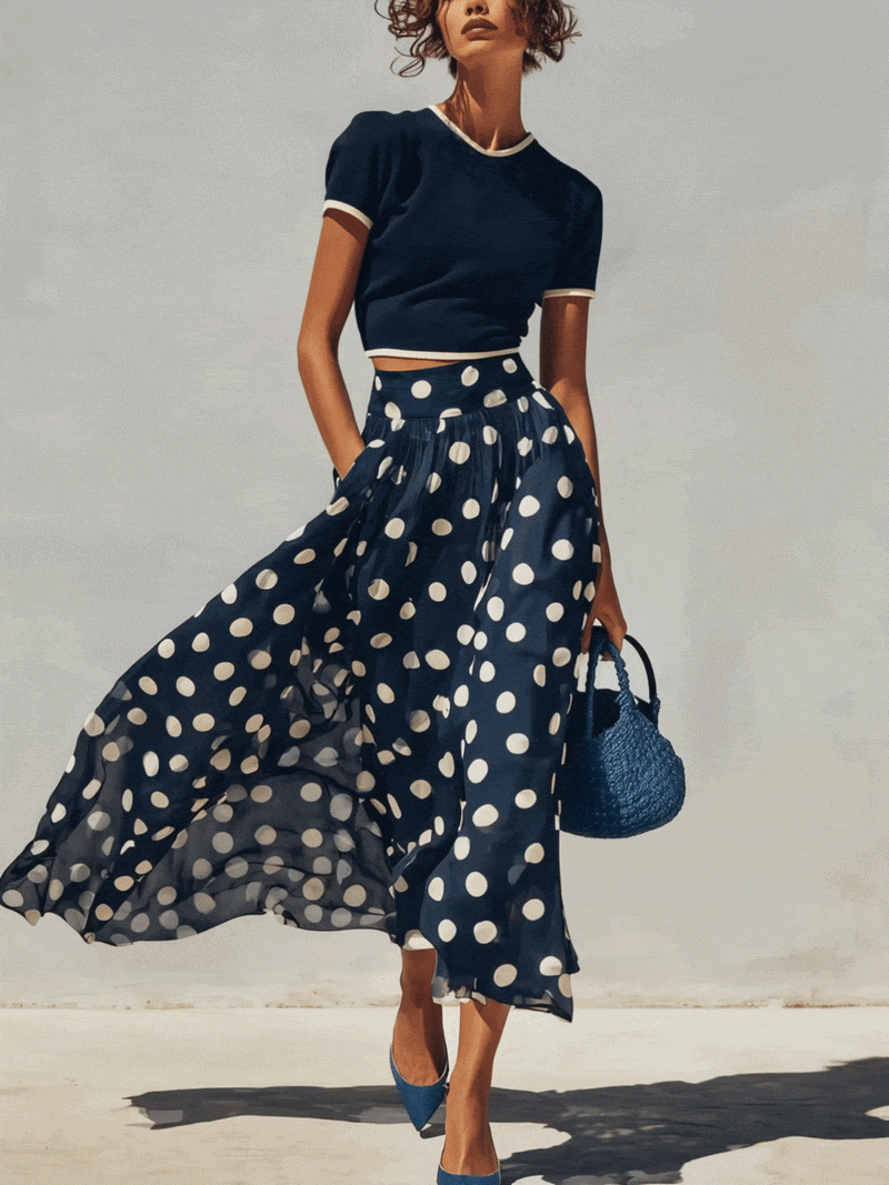 Ensemble Marine — Top Tricot et Jupe Chiffon Pois