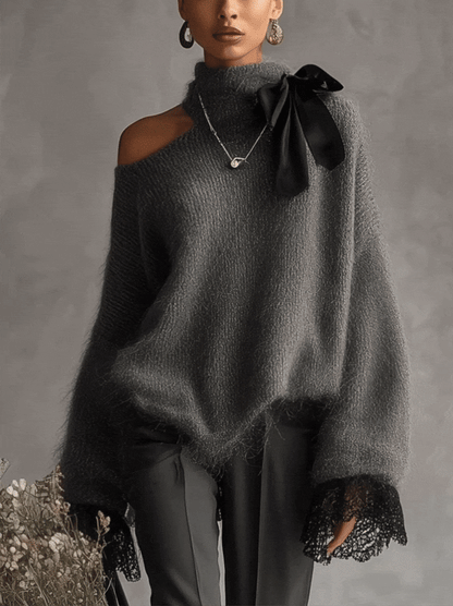 Pull Gris — Mohair Tricoté Poignets Dentelle