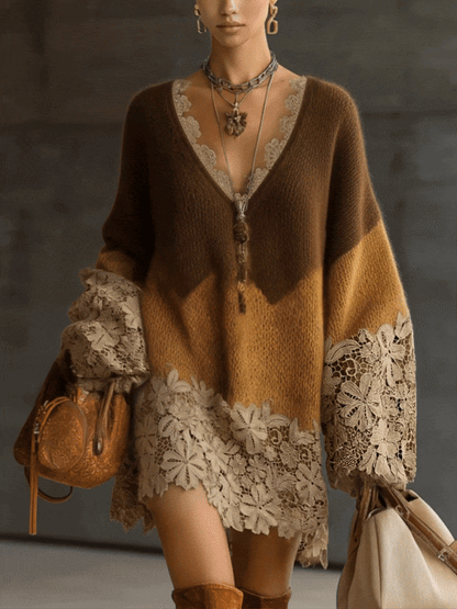 Robe Mini Marron — Tricot Ombré Dentelle Oversize