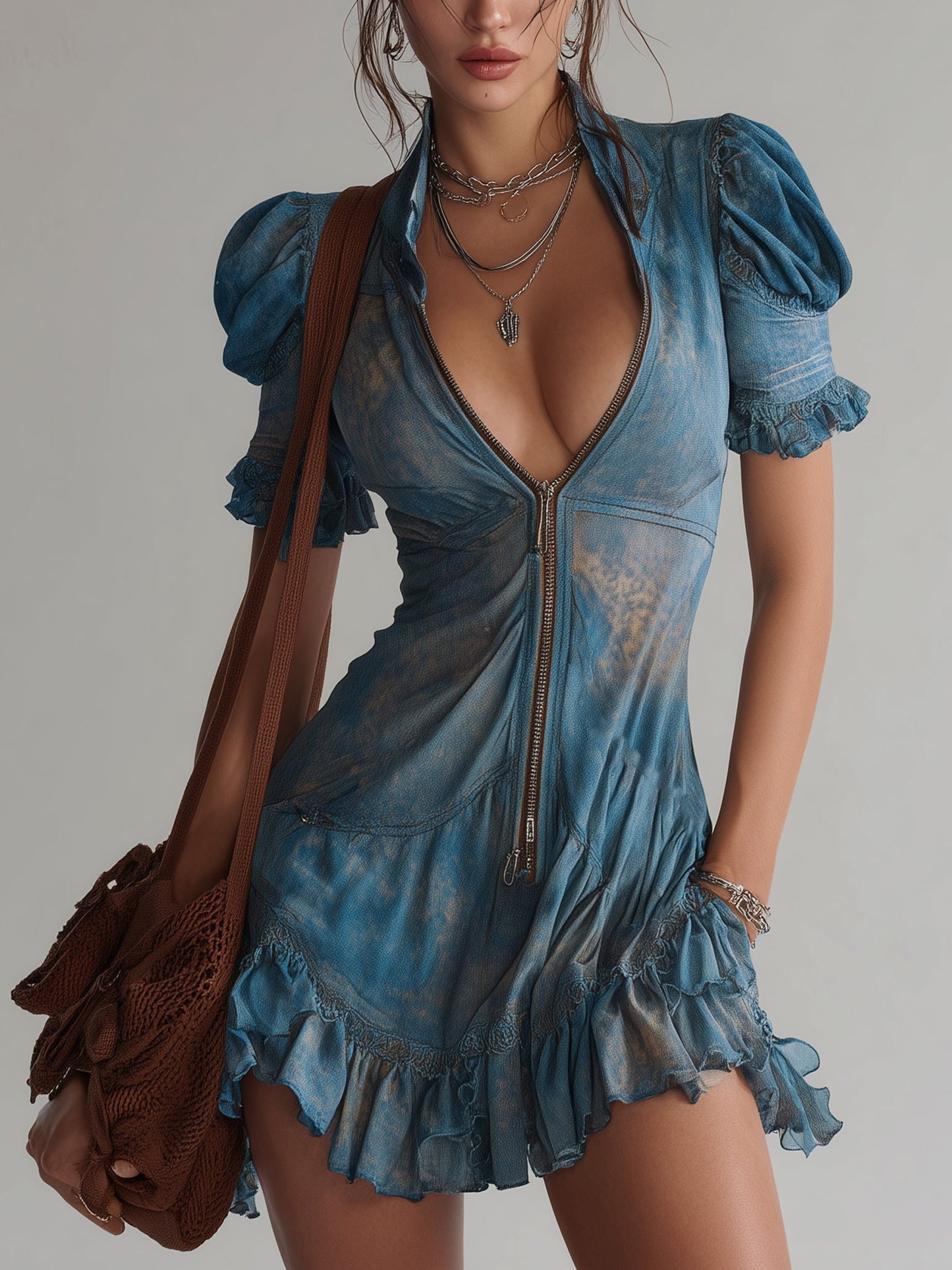 Robe Mini Bleue — Chiffon Floral Zip
