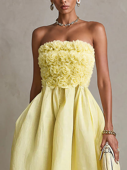 Robe Midi Jaune — Bustier Fleurs Appliquées Sans Bretelles
