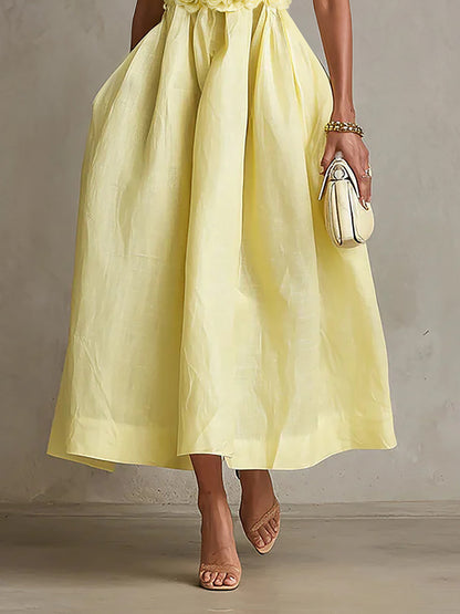 Robe Midi Jaune — Bustier Fleurs Appliquées Sans Bretelles