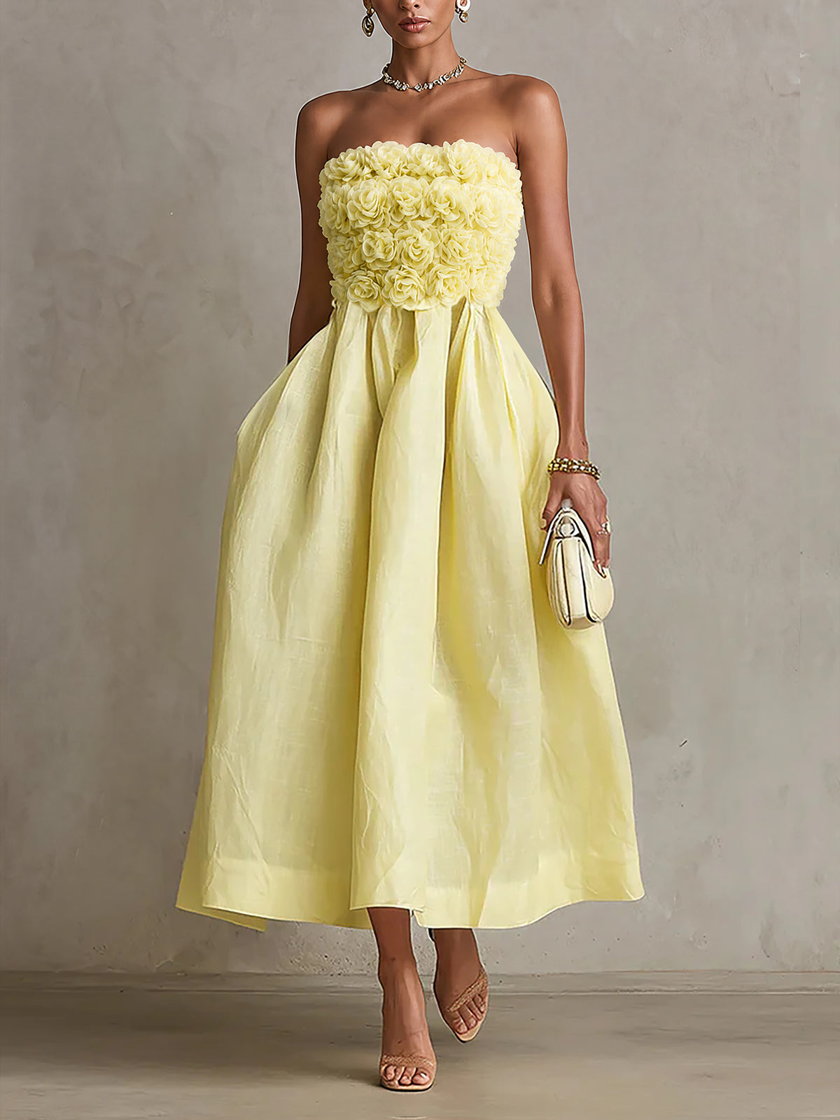Robe Midi Jaune — Bustier Fleurs Appliquées Sans Bretelles