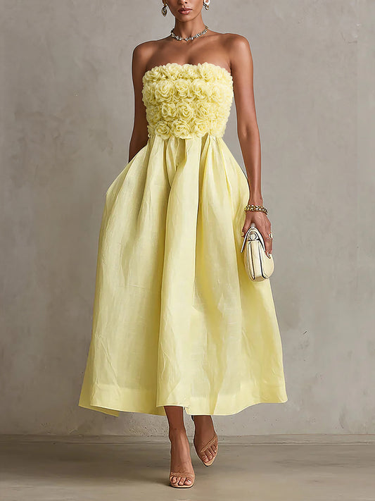 Robe Midi Jaune — Bustier Fleurs Appliquées Sans Bretelles