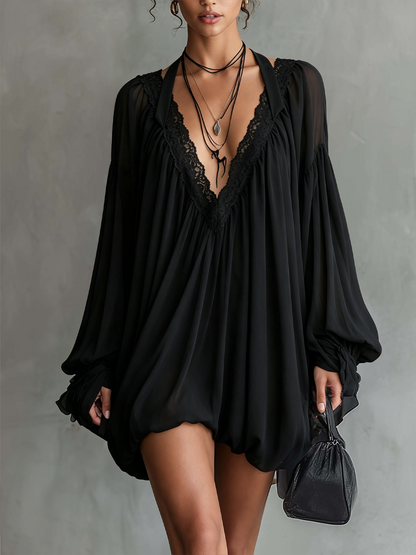 Robe Mini Noire — Chiffon Halter Col Dentelle